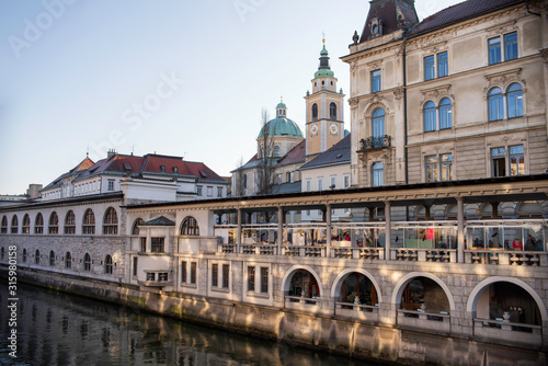 View of Ljubljana cathedral from the central market and river side of the city