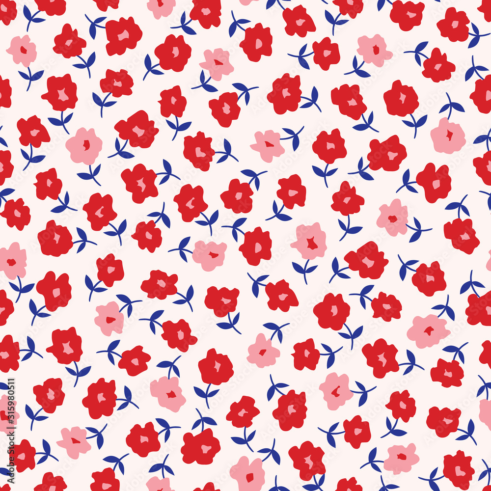 Pink and Red Ditsy Hand-Drawn Daisies Blooms with Purple Stems Background Vector Seamless Pattern