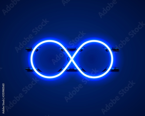 Infinity neon symbol on the blue background.
