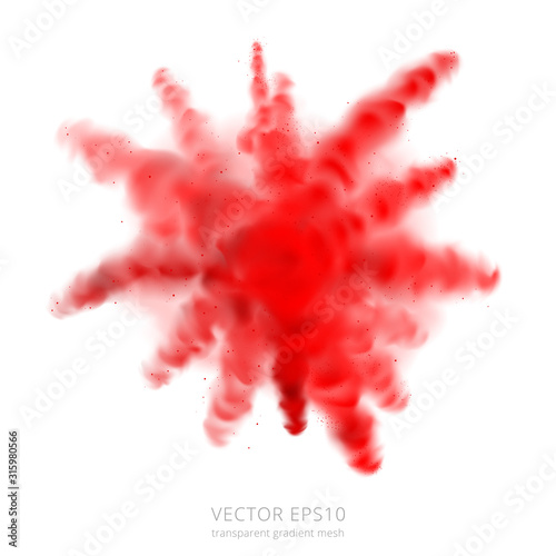 Red explosion. Splash of juice or bloody color powder. Volume burst of natural pigment. Transparent fluffy cloud of dye. Realistic vector blast of dry paint that is thrown during the Holi festival