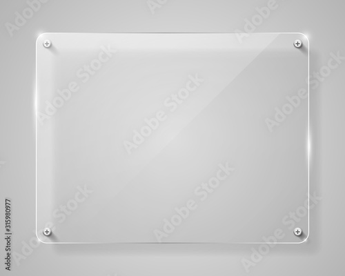 Realistic horizontal transparent glass frame with shadow. Modern background.