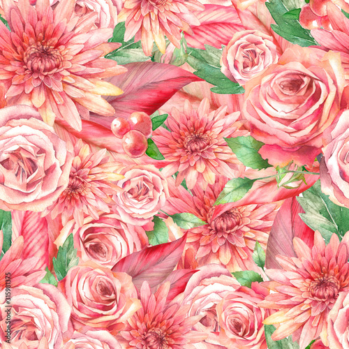 Watercolor red flowers seamless pattern. Hand painted artistic texture with chrysanthemum, roses flowers, leaves, hellebore. Repeating wallpaper design