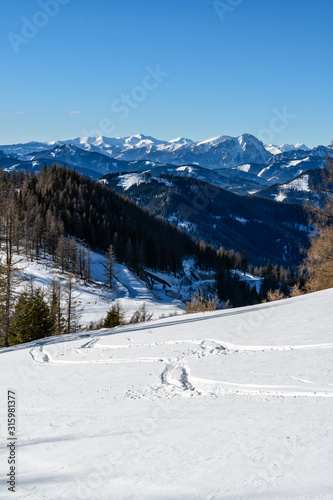 The snow capped"Aflenzer Bürgeralm" in the "Hochschwab" mountains in Styria, Austria in winter on a sunny day