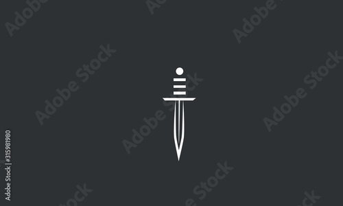 A minimal line art sword logo with handle making the letter E