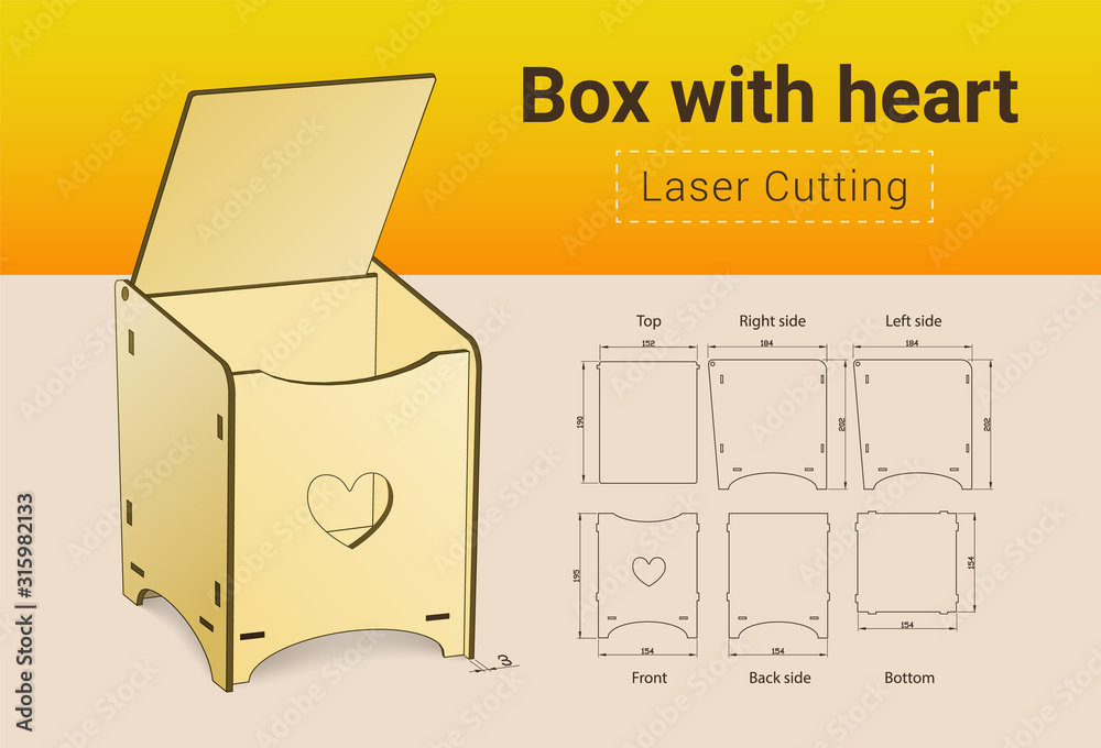 CNC. Laser cutting box with heart. Laser cut. No glue need. For 3 mm  plywood. Size 195x154x184 mm. Stock Vector | Adobe Stock