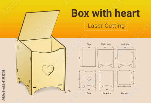 CNC. Laser cutting box with heart. Laser cut. No glue need. For 3 mm plywood. Size 195x154x184 mm.