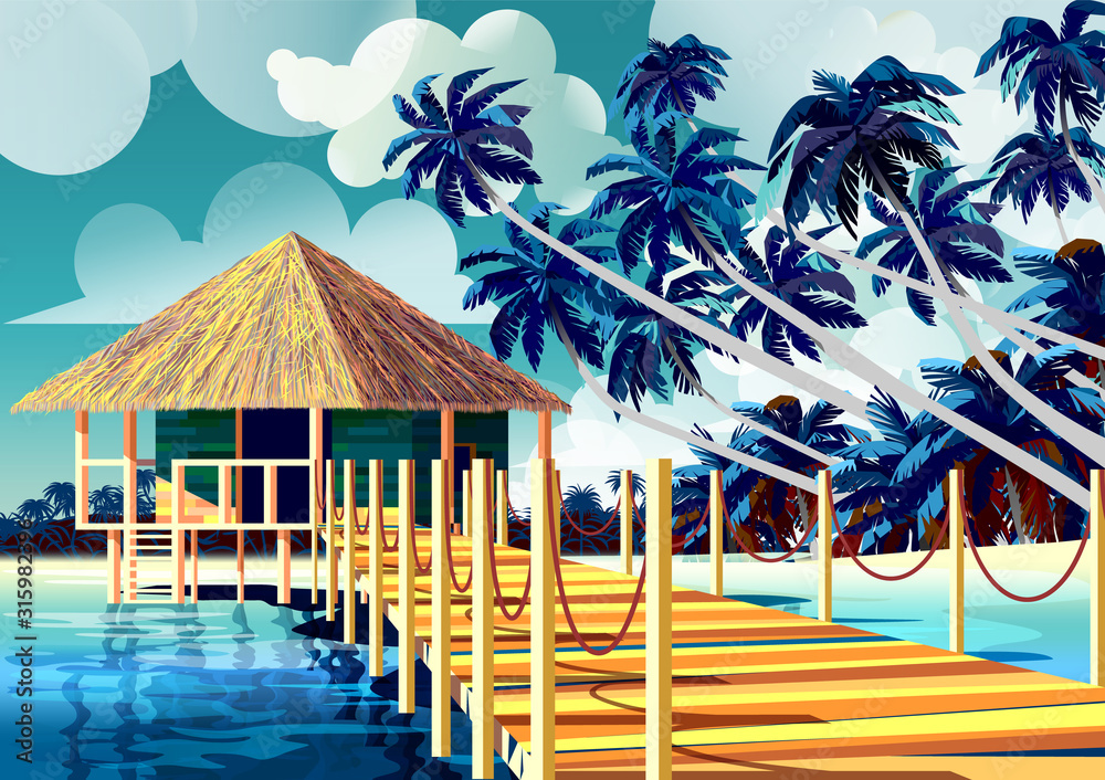 Polynesia Tropical Beach Landscape with traditional house and palm trees. - obrazy, fototapety, plakaty 