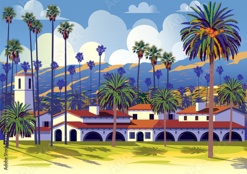 Californian cityscape with palm trees, houses and mountains in the background. © alaver