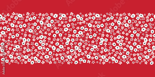 Monochrome White Ditsy Allover Graphic Daisies Blooms on Red Background Vector Seamless Pattern Horizontal Border