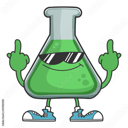 Science test tube  with sunglasses giving the middle fingers
