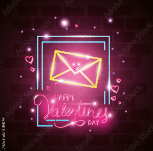 happy valentines day label in neon light, icons valentine day vector illustration design