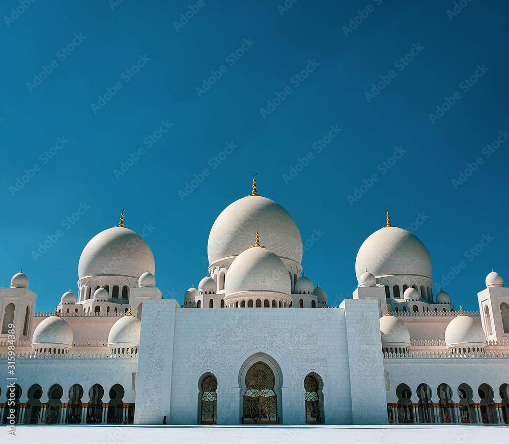 Abu Dhabi, UAE - November 2019: Sheikh Zayed Grand Mosque in Abu Dhabi, the largest mosque in the country. Open for tourists.