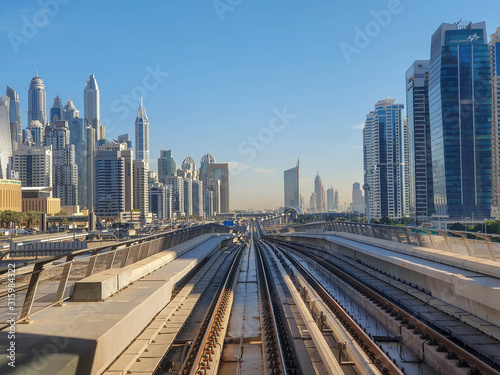 DUBAI, UAE - NOVEMBER 2019: Metro window view on Dubai Marina.