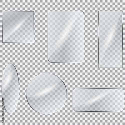 Glass blank banners. Rectangle circle glass texture window plastic clear labels with reflection acrylic shiny panels vector 3d set