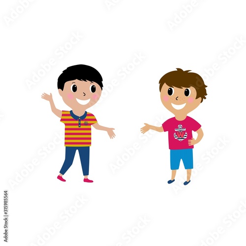 Vector illustration of two little boys talking,reunion friends'.Cartoon design isolated on white background