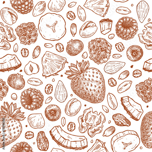 Granola seamless pattern. Balanced diet. Engraved style illustration. Various berries, fruits, nuts and honey. Vector illustration