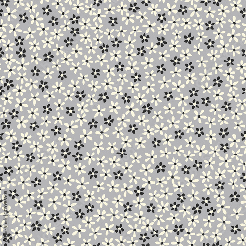 Ditsy Allover Graphic Daisies Blooms on Grey Background Vector Seamless Pattern