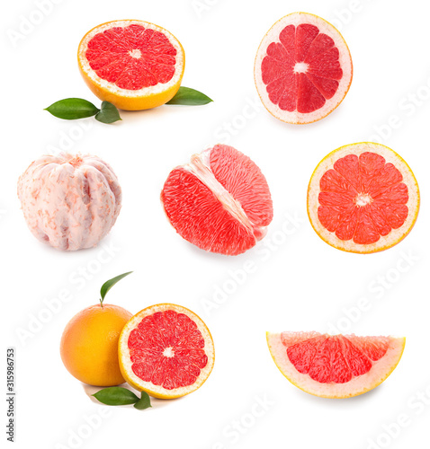 Collage with fresh juicy grapefruits on white background