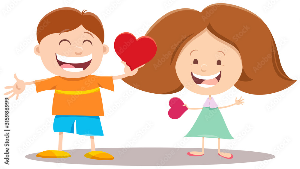 valentine card with cartoon girl and boy valentine card with cartoon girl and boy