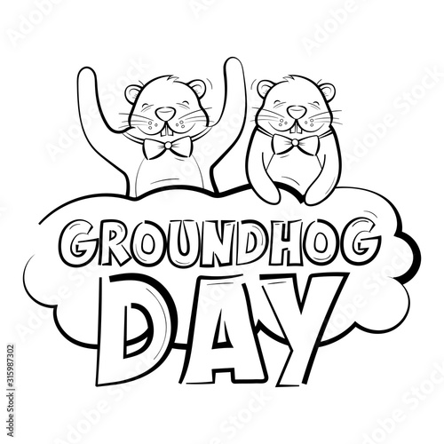 Groundhog day. The emblem of the American holiday. Two happy rodents are sitting on a cloud with an inscription. Vector illustration isolated on a white background. Black and white style.