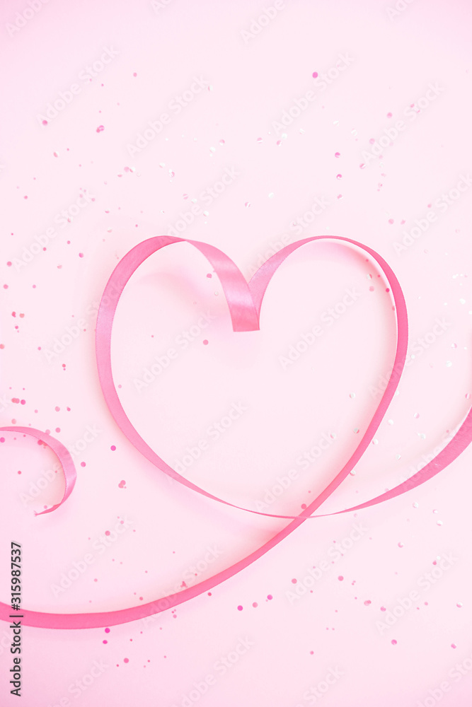 Ribbon heart. Soft pastel background to Valentine`s Day. Light pink  sparkles. Flat lay. Valentines Day 2021. Romantic wallpaper. Stories  background template. Banner lovers day sale. Wedding invitation Stock Photo  | Adobe Stock