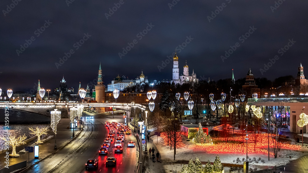 Ivan The Great Bell Tower and panorama of Moscow Kremlin. Night view