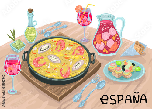 Paella and drinks in wine glasses on the table. Romantic Spanish dinner in the restaurant. Vector illustration