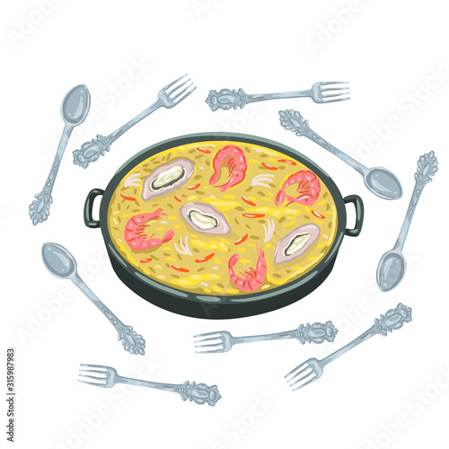 Traditional spanish seafood paella in pan rice, shrimps, mussels, on white background. Top view. Vector drawing