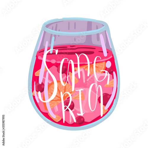 Sangria. Wine glass with red wine and fruit, spanish drink. Vector illustration