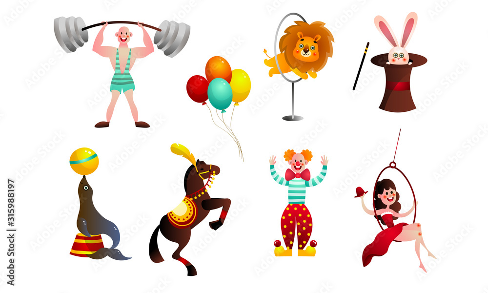 Set of different funny circus elements, people, animals, and decorations. Vector set illustration in flat cartoon style