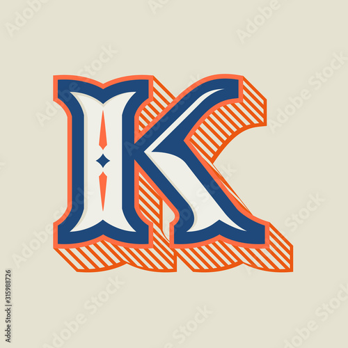 K letter logo in vintage western style with striped shadow.