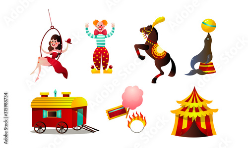 Set of different funny circus elements, people, animals, and decorations. Vector set illustration in flat cartoon style