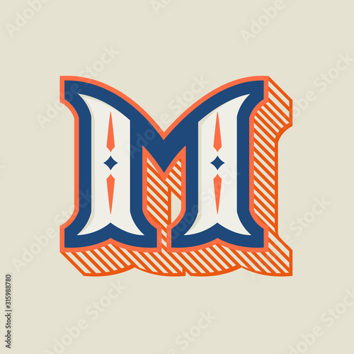 M letter logo in vintage western style with striped shadow.