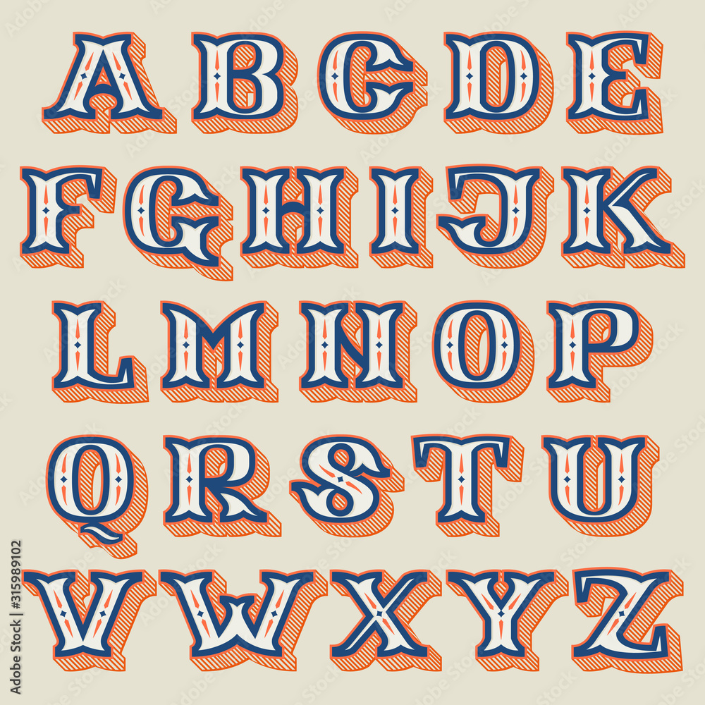 Alphabet in vintage western style with striped shadow.