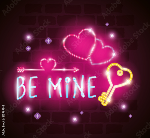 be mine label in neon light, valentine day vector illustration design