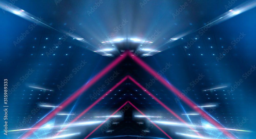 Dark abstract futuristic neon blue background. Neon lines glow. Neon lines, shapes. Multi-colored glow, blurry lights. Empty stage background. Dark abstract futuristic neon blue background. Neon lines glow. Neon lines, shapes. Multi-colored glow, blurry lights. Empty stage background.