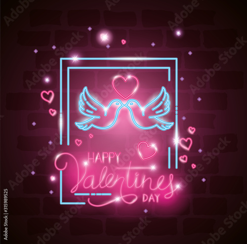 happy valentines day label in neon light, icons valentine day vector illustration design