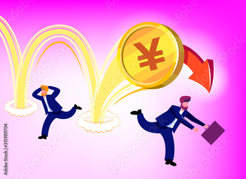 Illustration of the depreciation of the national currency of Japan (yen) in the form of a gold coin. Businessmen run away in panic fear