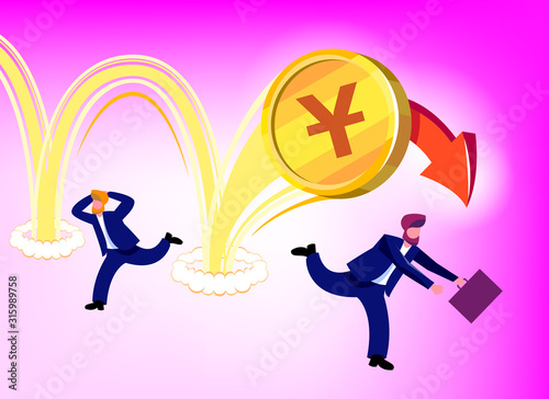 Illustration of the depreciation of the national currency of China (yuan) in the form of a gold coin. Businessmen run away in panic fear