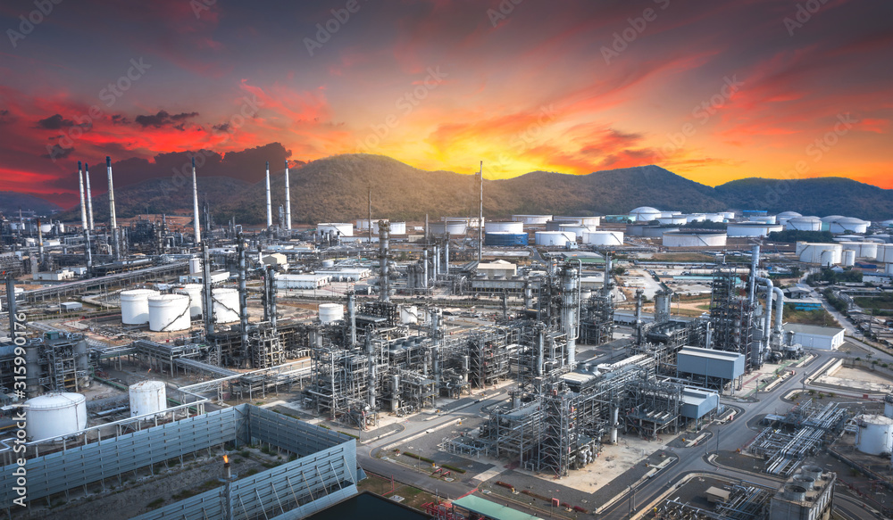 Aerial view of oil refinery plant,Industry Petrochemical at sunset,Thailand Aerial view of oil refinery plant,Industry Petrochemical at sunset,Thailand