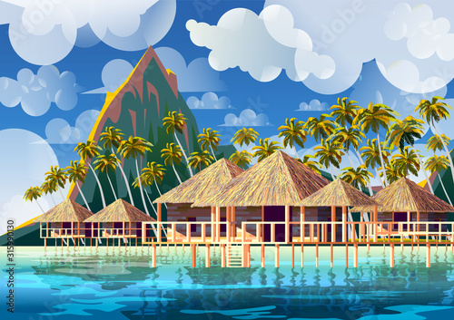 Polynesia Tropical Beach Landscape with traditional houses and palm trees.