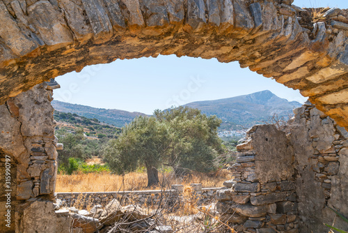 Old stone arch amonst remains of tumbled down structure, through which beyond olive trees is Mount Zeus. photo