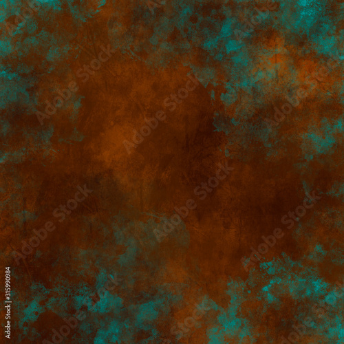 Rusted Copper Orange, Teal and Turquoise Verdigris Metal Grunge Textured Raster Illustration Background