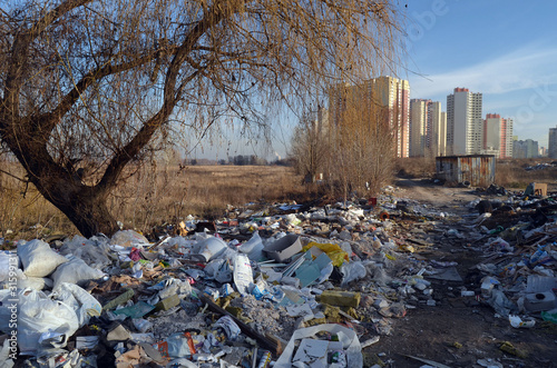 Nature near Ukrainian capital. Environmental contamination. Illegal junk dump. Near Kiev, Ukraine