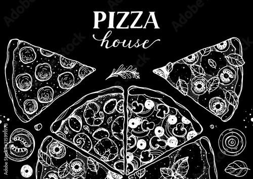 Fototapeta Ilustracja wektorowa włoskiej pizzy. Ręcznie rysowane szkic pizzy. Włoskie jedzenie. Projekt opakowania. Ilustracja plastry pizzy.