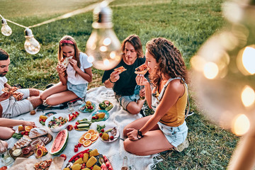 Happy young friends group enjoying picnic party