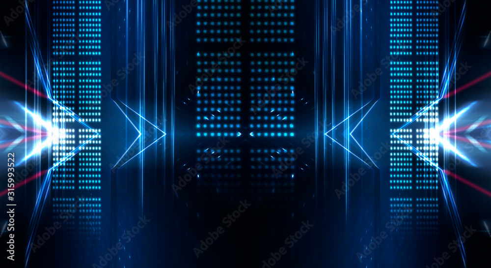 Dark abstract futuristic neon blue background. Neon lines glow. Neon lines, shapes. Empty stage background.