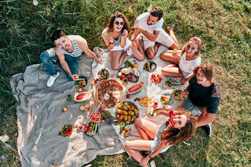 Young people enjoying picnic in park on summer day