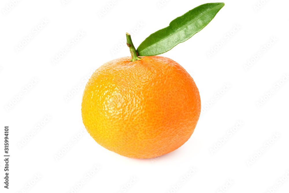 mandarin with green leaf isolated on white background
