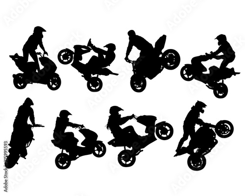 Athlete performs a stunt on a sports motorcycle. Isolated silhouettes on a white background